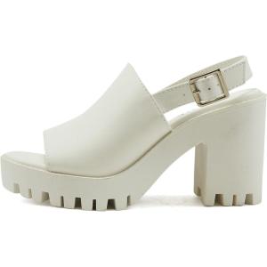 Soda MARRY ~ Women Fashion Open Toe Single Wide Band Chunky Lug sole Block Heel Sandals with Adjustable Sling Back Strap(White Pu)