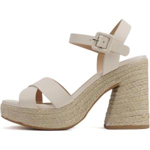 Soda “NOBLE” ~ Women Open Square Toe Crisscross Band Ankle Strap High Heel Espadrille Notch Wedge Sandal(Bone Pu)