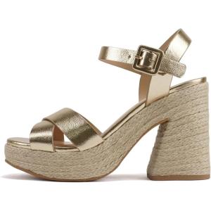 Soda “NOBLE” ~ Women Open Square Toe Crisscross Band Ankle Strap High Heel Espadrille Notch Wedge Sandal(Gold Metallic Pu)