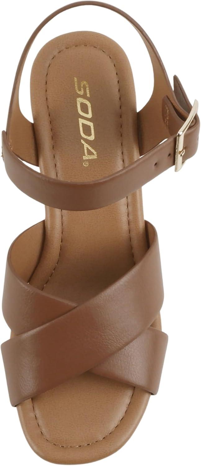 image:imageSoda Bonnet Women Square Toe Notch Wedge Sandal with Buckle StrapTan Pu