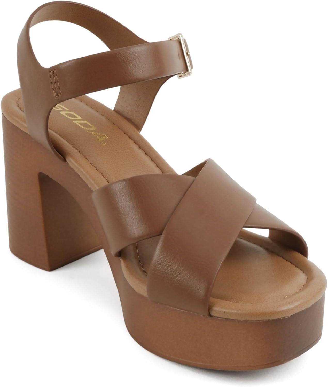 image:imageSoda Bonnet Women Square Toe Notch Wedge Sandal with Buckle StrapTan Pu