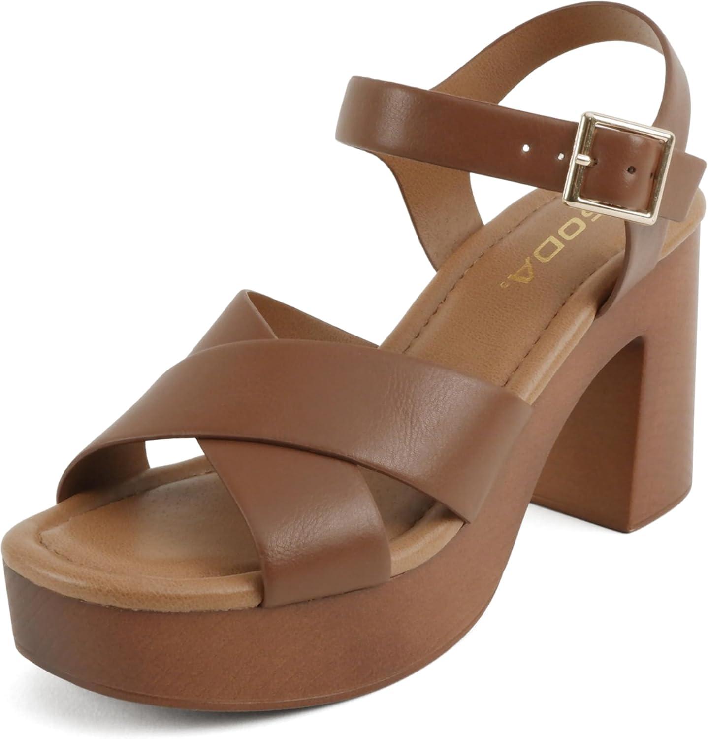 image:imageSoda Bonnet Women Square Toe Notch Wedge Sandal with Buckle StrapTan Pu
