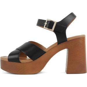 Soda Bonnet ~ Women Square Toe Notch Wedge Sandal with Buckle Strap(Black Pu)