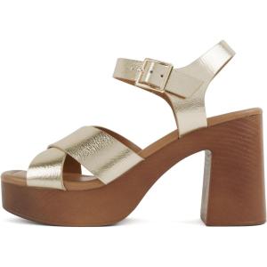 Soda Bonnet ~ Women Square Toe Notch Wedge Sandal with Buckle Strap(Gold Pu)
