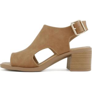 Soda Lovely ~ Women Peep Toe Slingback Low Heel Sandal(B-tan Nubuck)