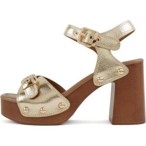 Soda Yuzu ~ Women Square Toe Studded Notch Wedge Sandal with Buckle Straps(Gold Pu)