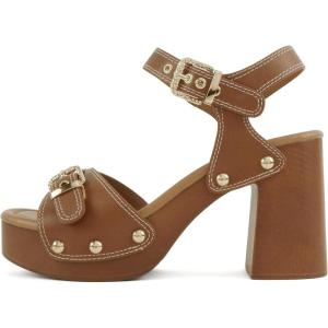 Soda Yuzu ~ Women Square Toe Studded Notch Wedge Sandal with Buckle Straps(Tan Pu)