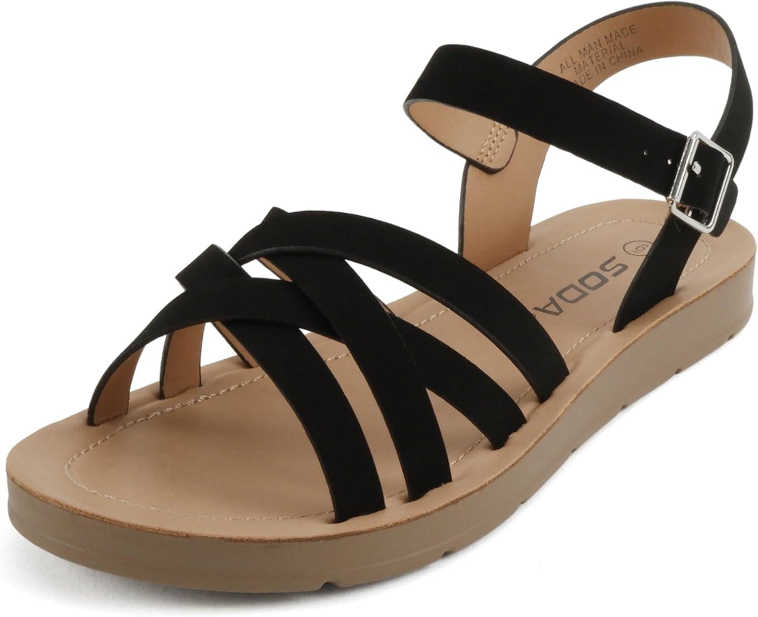 image:imageSoda Lantern Women Round Toe MultiStrap Flat SandalsBlack Nubuck