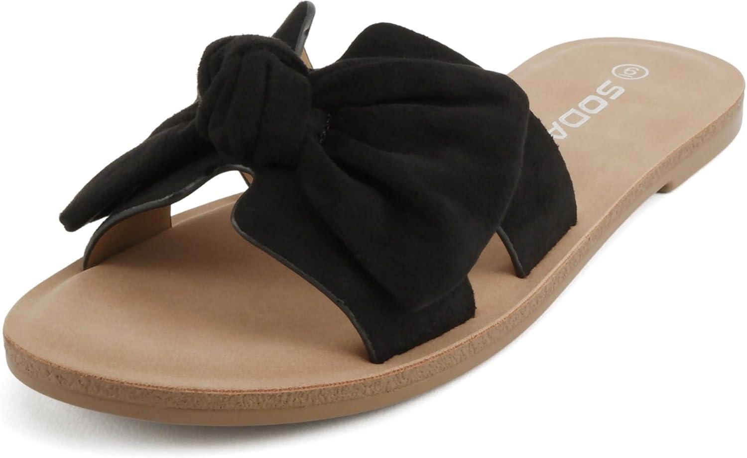 image:imageSoda Road Women Round Toe HBand Slide Sandal with BowBlack Imit Suede