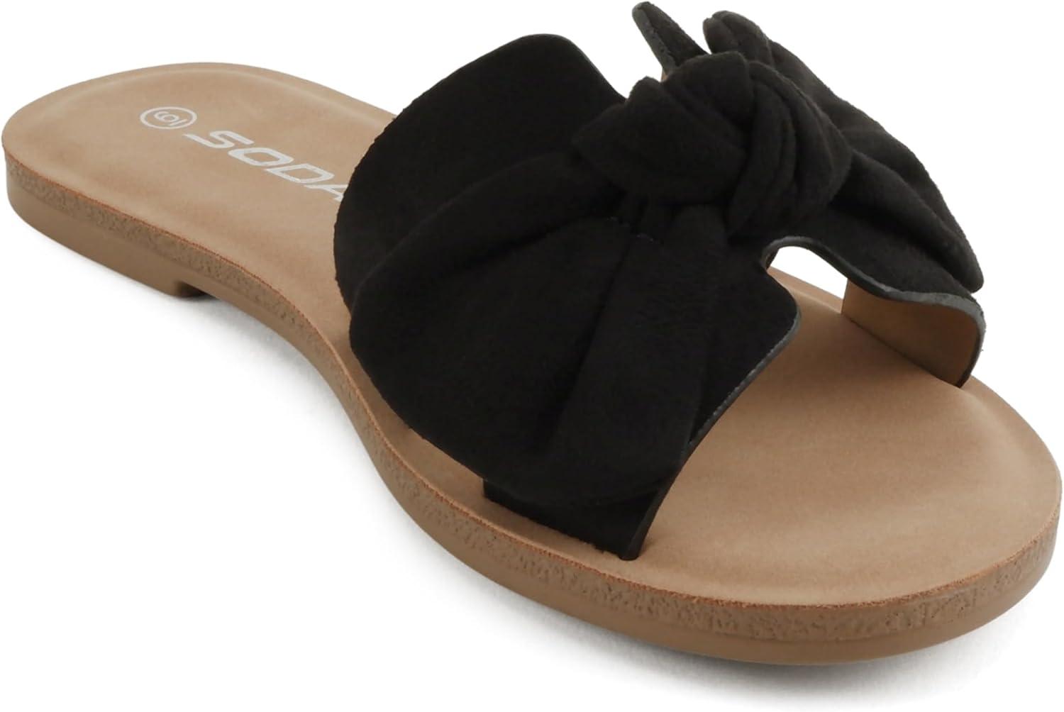 image:imageSoda Road Women Round Toe HBand Slide Sandal with BowBlack Imit Suede