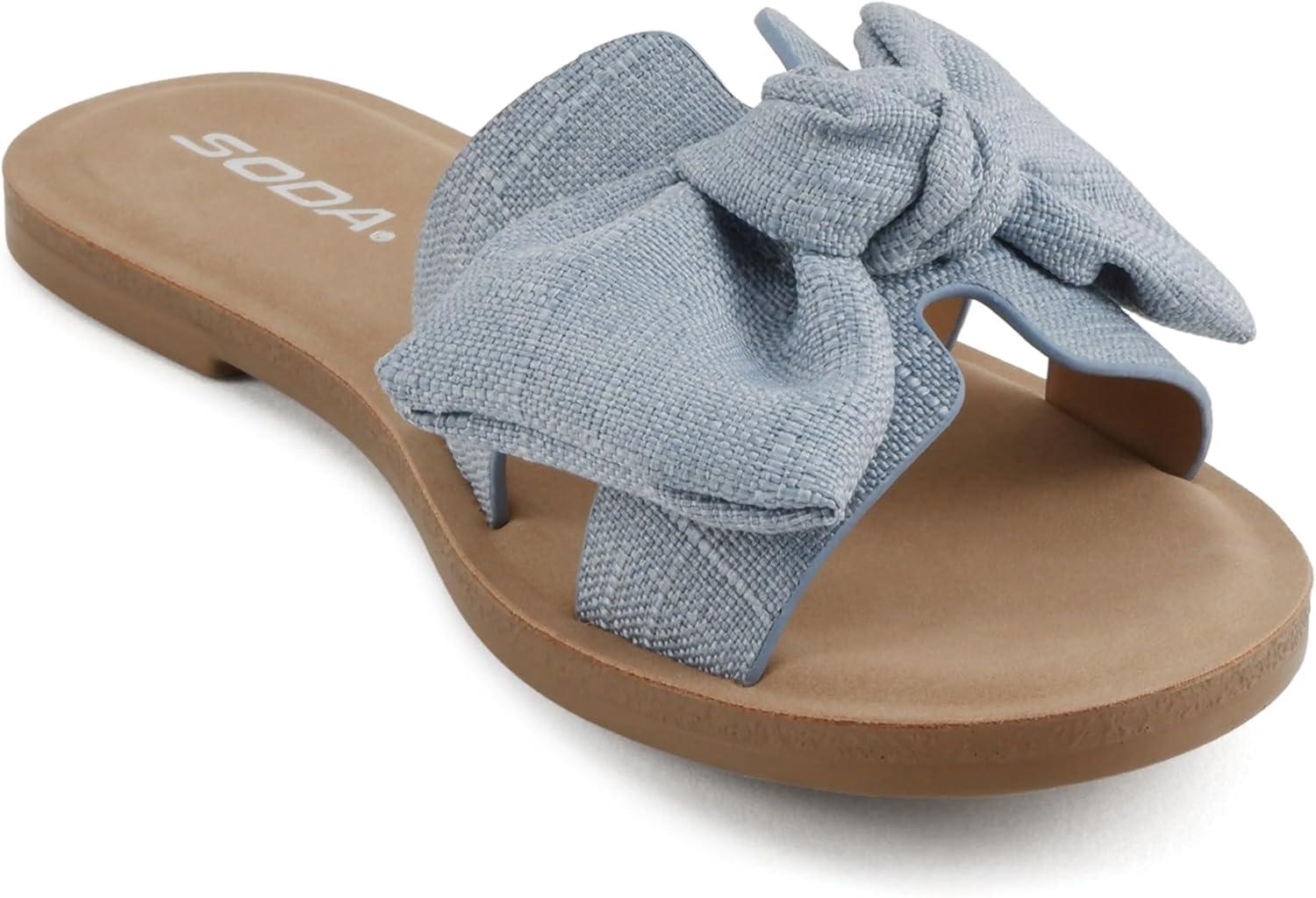 image:imageSoda Road Women Round Toe HBand Slide Sandal with BowBlue Linen