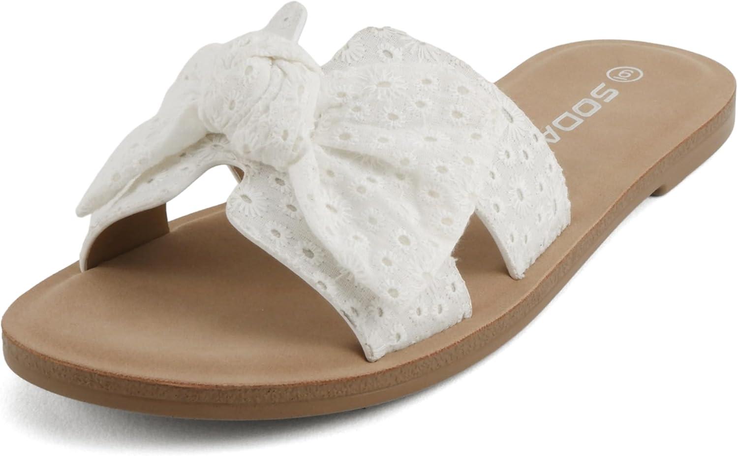 image:imageSoda Road Women Round Toe HBand Slide Sandal with BowWhite Eyelet