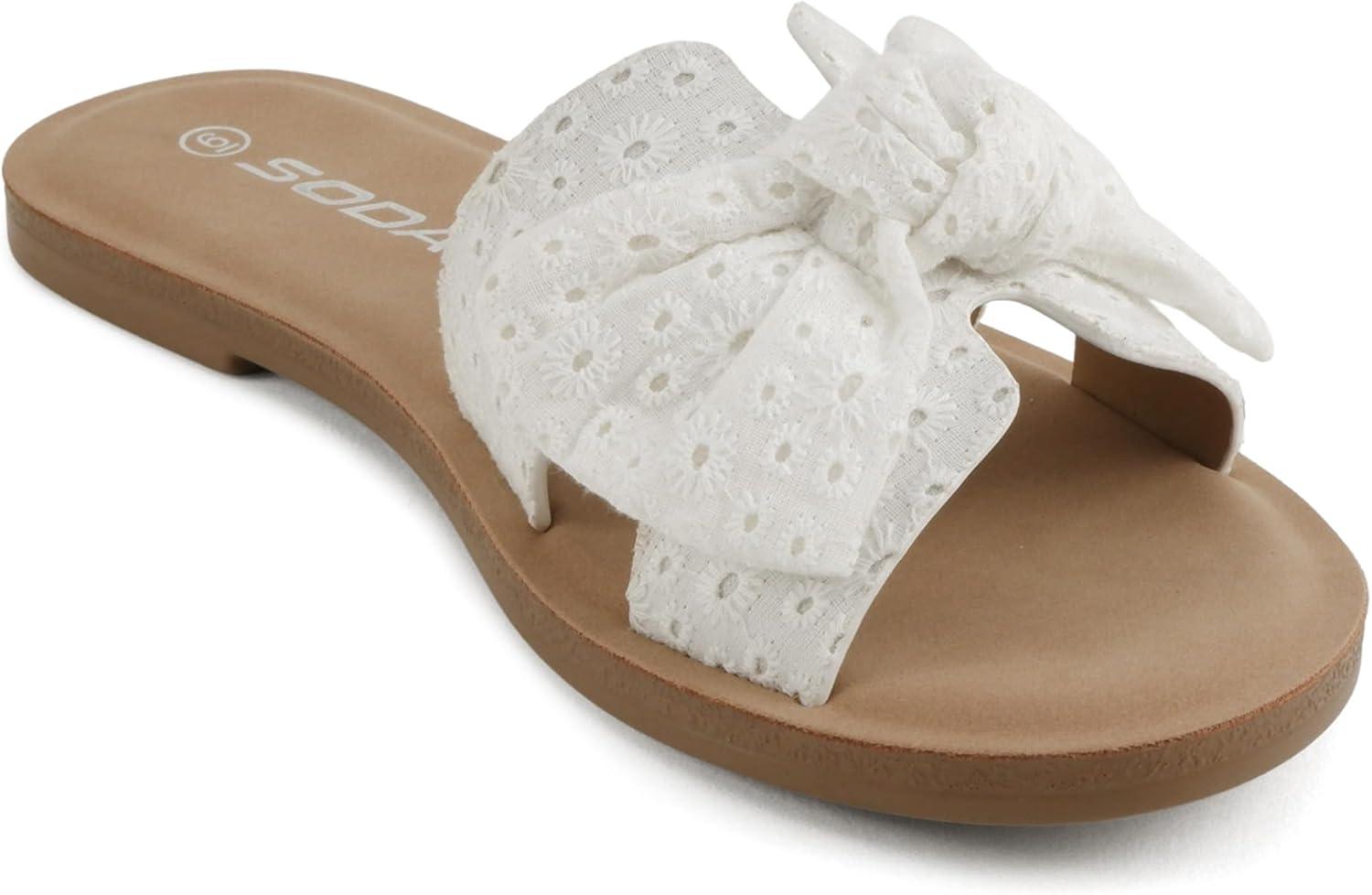 image:imageSoda Road Women Round Toe HBand Slide Sandal with BowWhite Eyelet