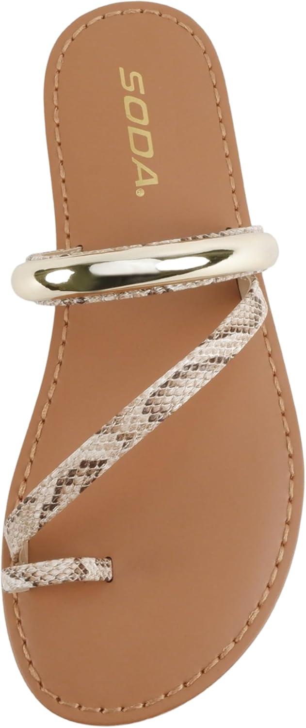 image:imageSoda Toby Women Round Toe MultiStrap Slide Sandal with Gold AccentBeige Snake Pu