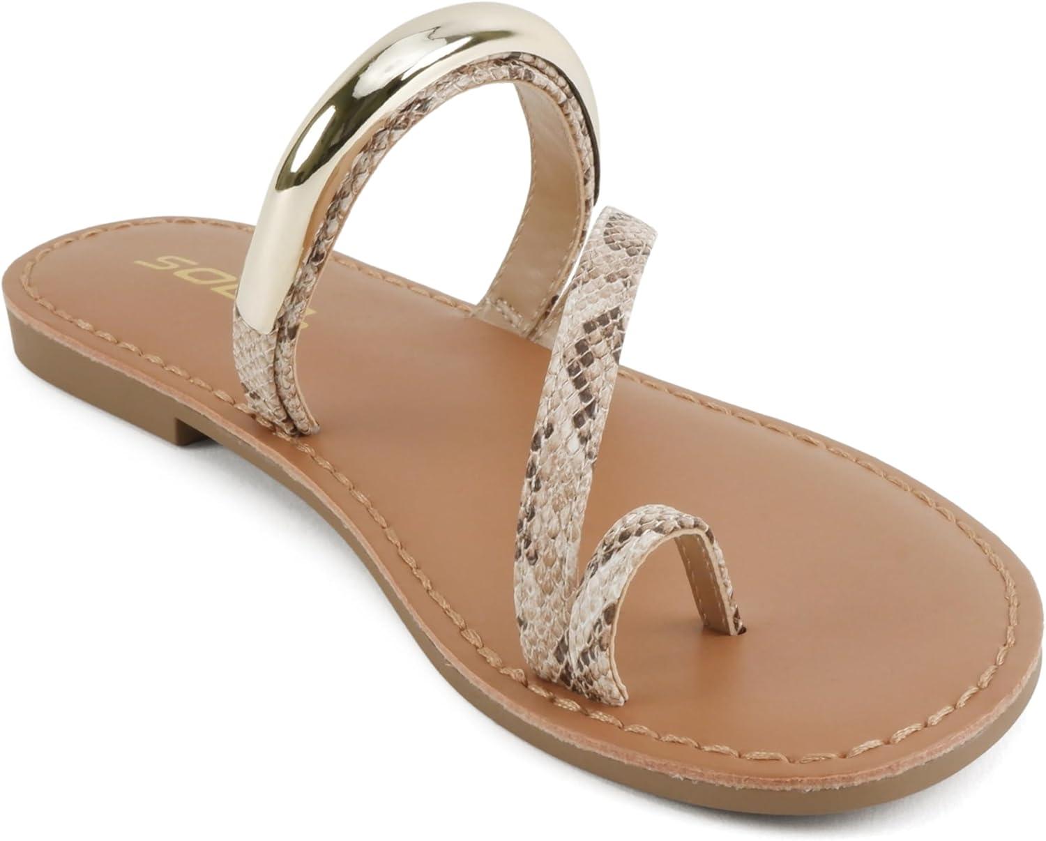image:imageSoda Toby Women Round Toe MultiStrap Slide Sandal with Gold AccentBeige Snake Pu