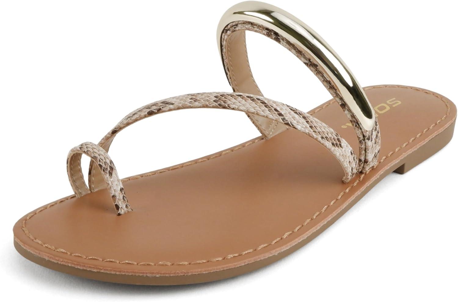 image:imageSoda Toby Women Round Toe MultiStrap Slide Sandal with Gold AccentBeige Snake Pu