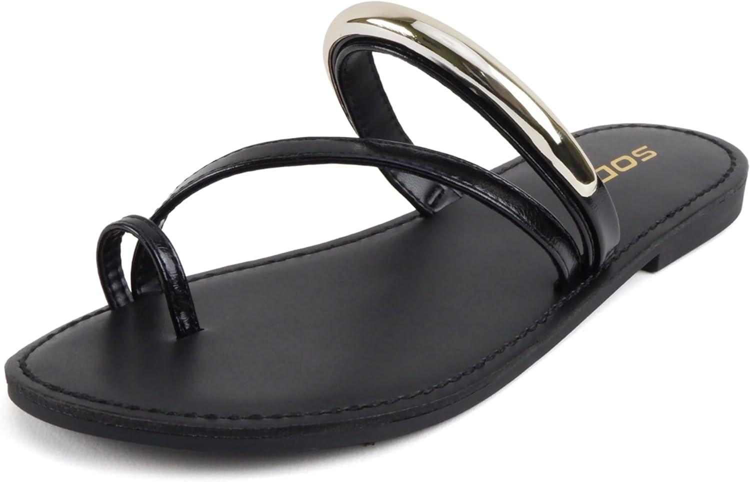 image:imageSoda Toby Women Round Toe MultiStrap Slide Sandal with Gold AccentBlack Pu