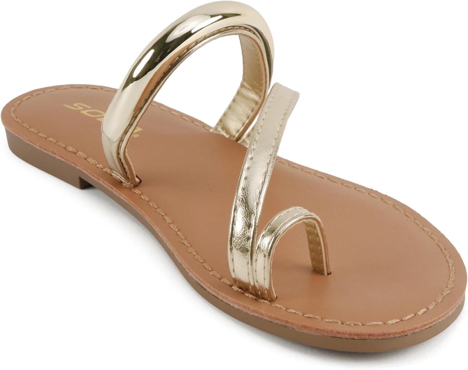 image:imageSoda Toby Women Round Toe MultiStrap Slide Sandal with Gold AccentGold Pu