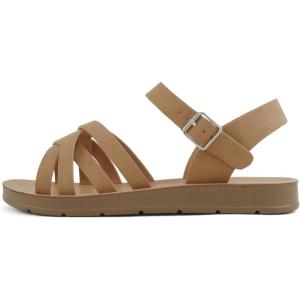 Soda Lantern ~ Women Round Toe Multi-Strap Flat Sandals(Tan Nubuck)
