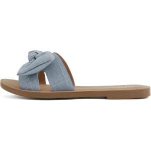 Soda Road ~ Women Round Toe H-Band Slide Sandal with Bow(Blue Linen)