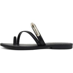 Soda Toby ~ Women Round Toe Multi-Strap Slide Sandal with Gold Accent(Black Pu)