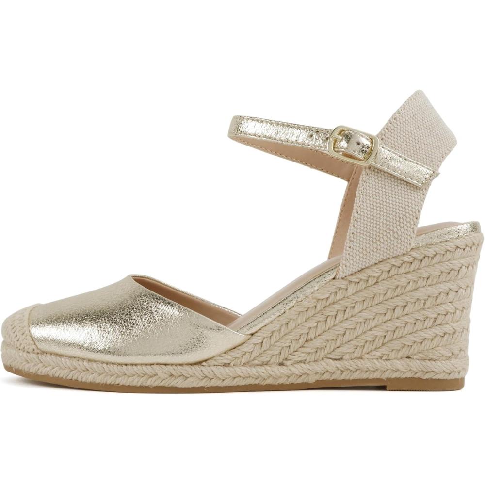 image:imageSoda Elfin  Women Square Toe Frayed Linen Espadrille Wedge SandalGold