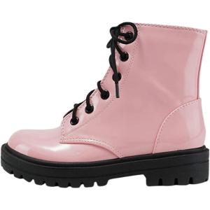 Soda Firm-IIS Girls Lace Up Side Zipper Vegan Leather Combat Boots Pink Patent 4