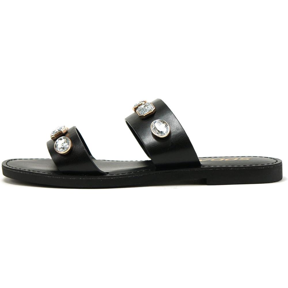 image:imageSoda COLETTE Women Flat 2 Bands Stripe Fashion Shine Rhinestone Jewel Gem Slide SandalBlack Pu