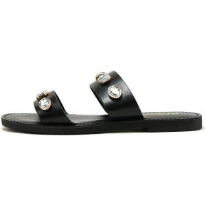 Soda COLETTE ~ Women Flat 2 Bands Stripe Fashion Shine Rhinestone Jewel Gem Slide Sandal(Black Pu)