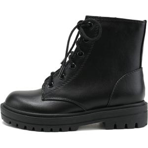 Soda Firm-IIS Girls Lace Up Side Zipper Vegan Leather Lug Sole Combat Boots(Black)
