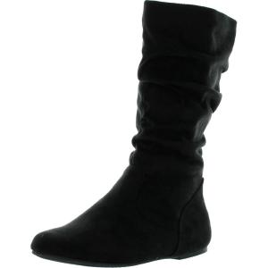 Soda Zuluu-2 Girls Fashion Slouchy Knee-High Flat Boots With Side Zipper In Black Faux Suede(Black)