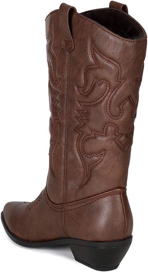 image:imageSoda RENO Women Western Cowboy Stitched Pointe Toe Low Heel Ankle Mid Shaft Fashion BootsTan