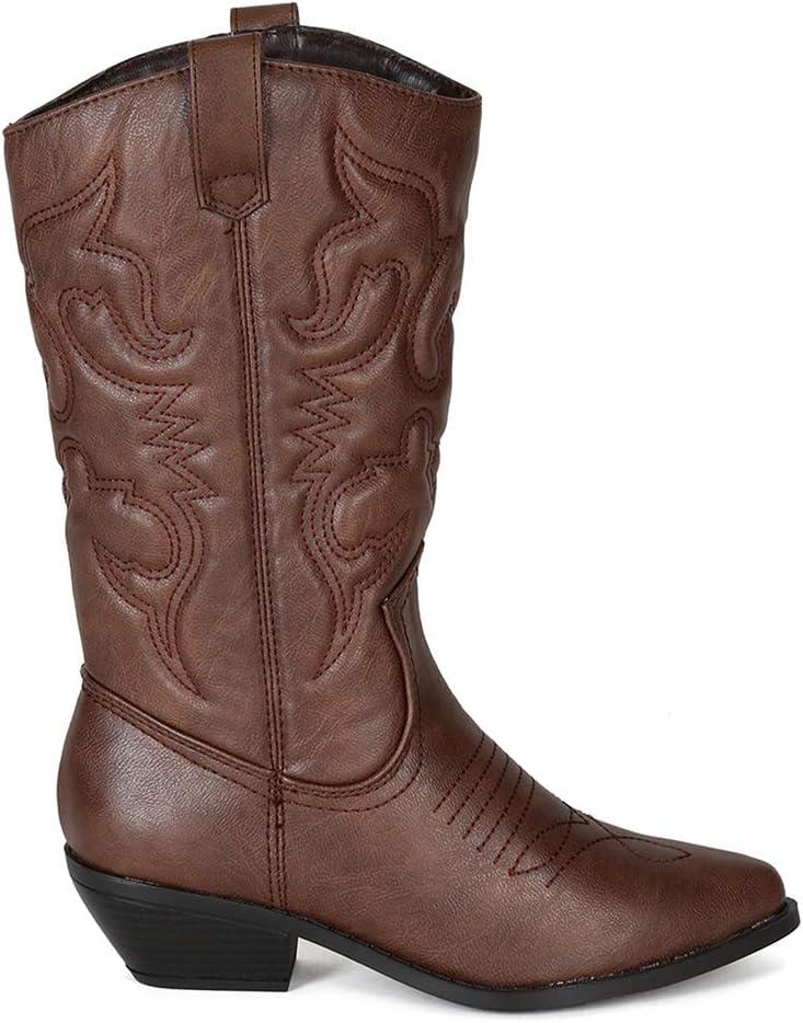 image:imageSoda RENO Women Western Cowboy Stitched Pointe Toe Low Heel Ankle Mid Shaft Fashion BootsTan