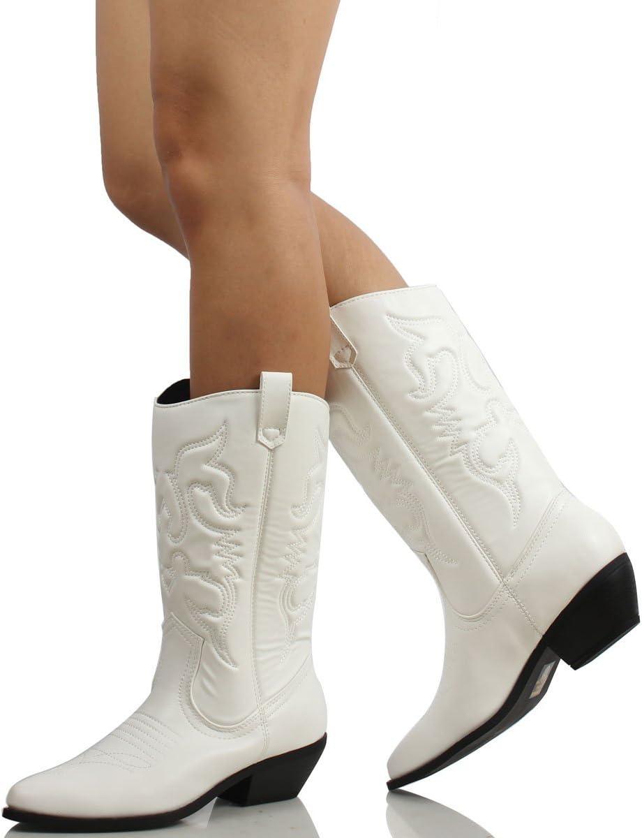 image:imageSoda RENO Women Western Cowboy Stitched Pointe Toe Low Heel Ankle Mid Shaft Fashion BootsWhite