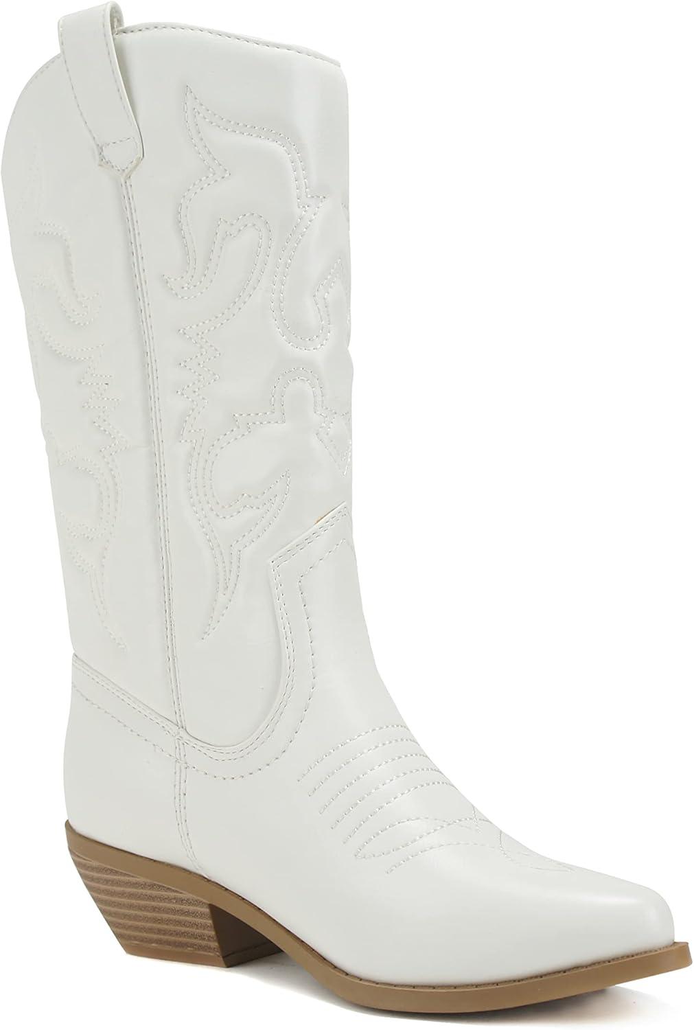 image:imageSoda RENO Women Western Cowboy Stitched Pointe Toe Low Heel Ankle Mid Shaft Fashion BootsWhite
