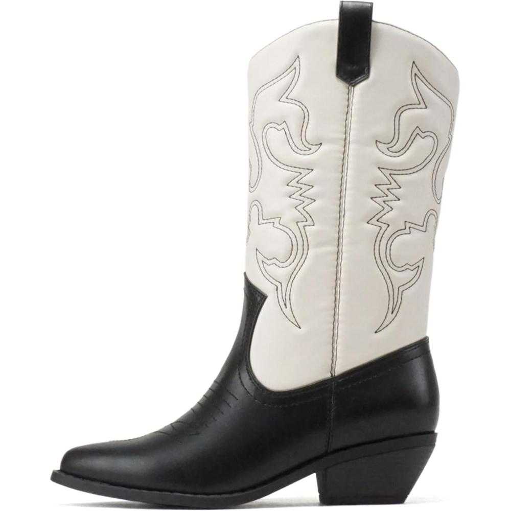 image:imageSoda RENO  Women Western Cowboy Stitched Pointe Toe Low Heel Ankle Mid Shaft Fashion BootsBlack White Combo Pu