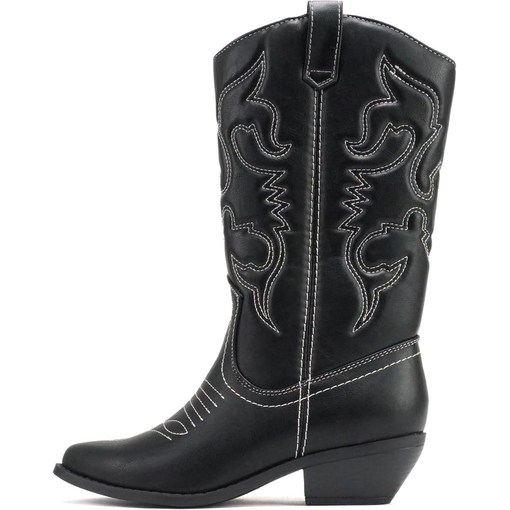 image:imageSoda RENO  Women Western Cowboy Stitched Pointe Toe Low Heel Ankle Mid Shaft Fashion BootsBlackWhite Pu