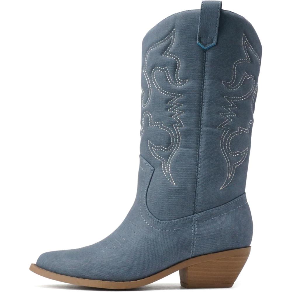 image:imageSoda RENO  Women Western Cowboy Stitched Pointe Toe Low Heel Ankle Mid Shaft Fashion BootsBlue Denim