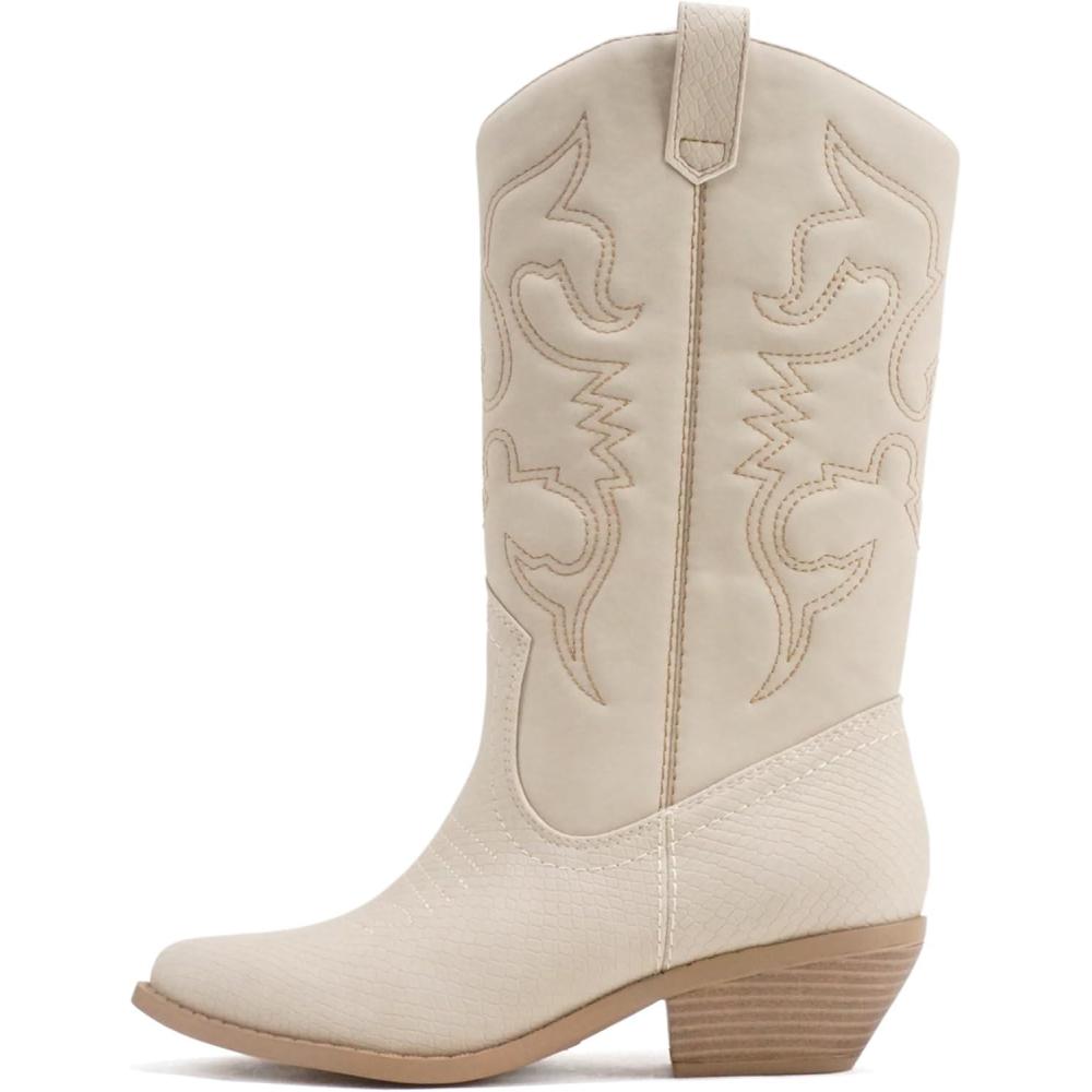 image:imageSoda RENO  Women Western Cowboy Stitched Pointe Toe Low Heel Ankle Mid Shaft Fashion BootsCobra Nude