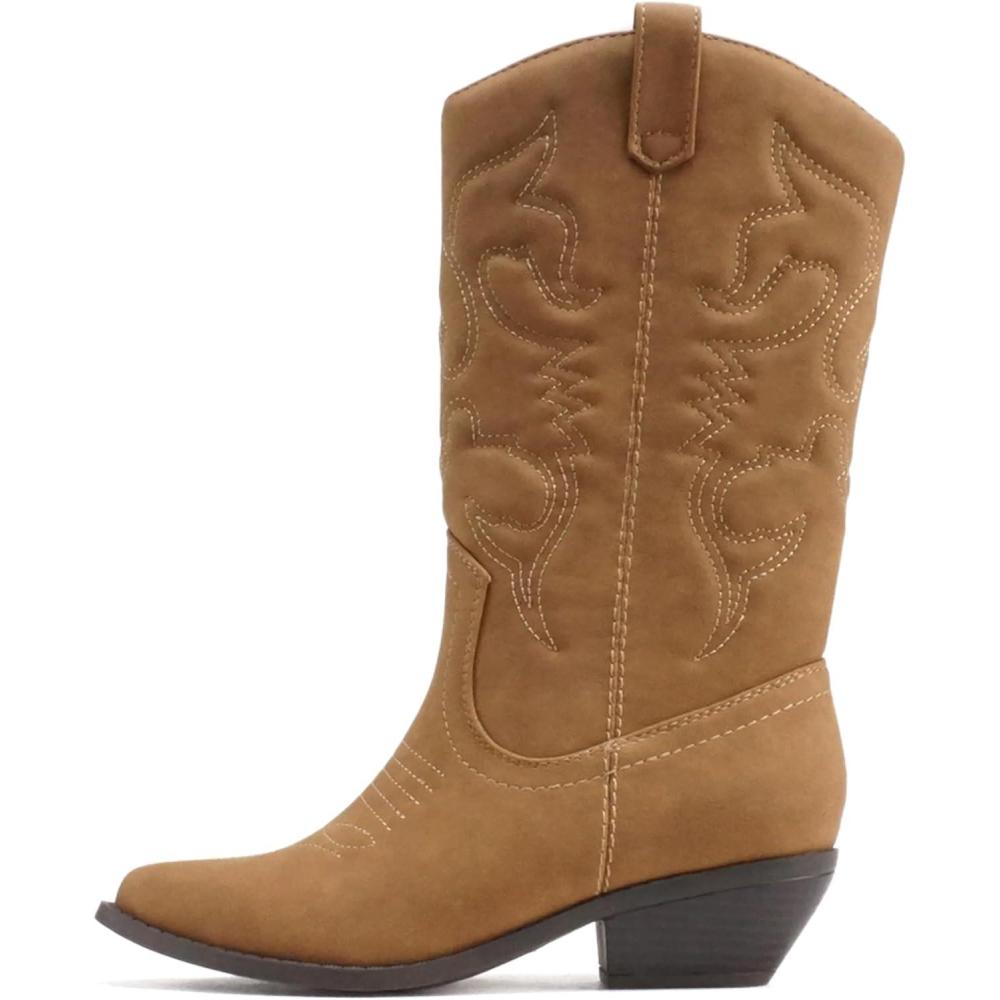 image:imageSoda RENO  Women Western Cowboy Stitched Pointe Toe Low Heel Ankle Mid Shaft Fashion BootsDark Tan Nubuck