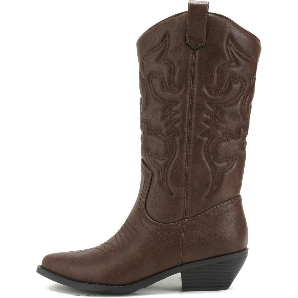 image:imageSoda RENO  Women Western Cowboy Stitched Pointe Toe Low Heel Ankle Mid Shaft Fashion BootsDark Tan Pu