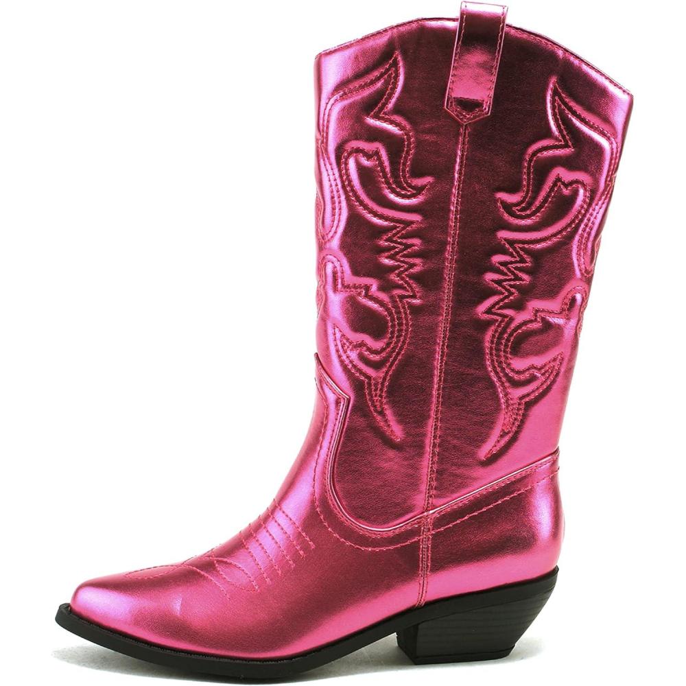 image:imageSoda RENO  Women Western Cowboy Stitched Pointe Toe Low Heel Ankle Mid Shaft Fashion BootsFuchsia Metallic