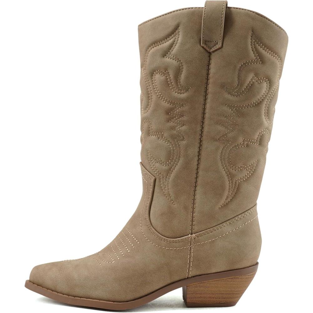 image:imageSoda RENO  Women Western Cowboy Stitched Pointe Toe Low Heel Ankle Mid Shaft Fashion BootsLttaupe Nubuck