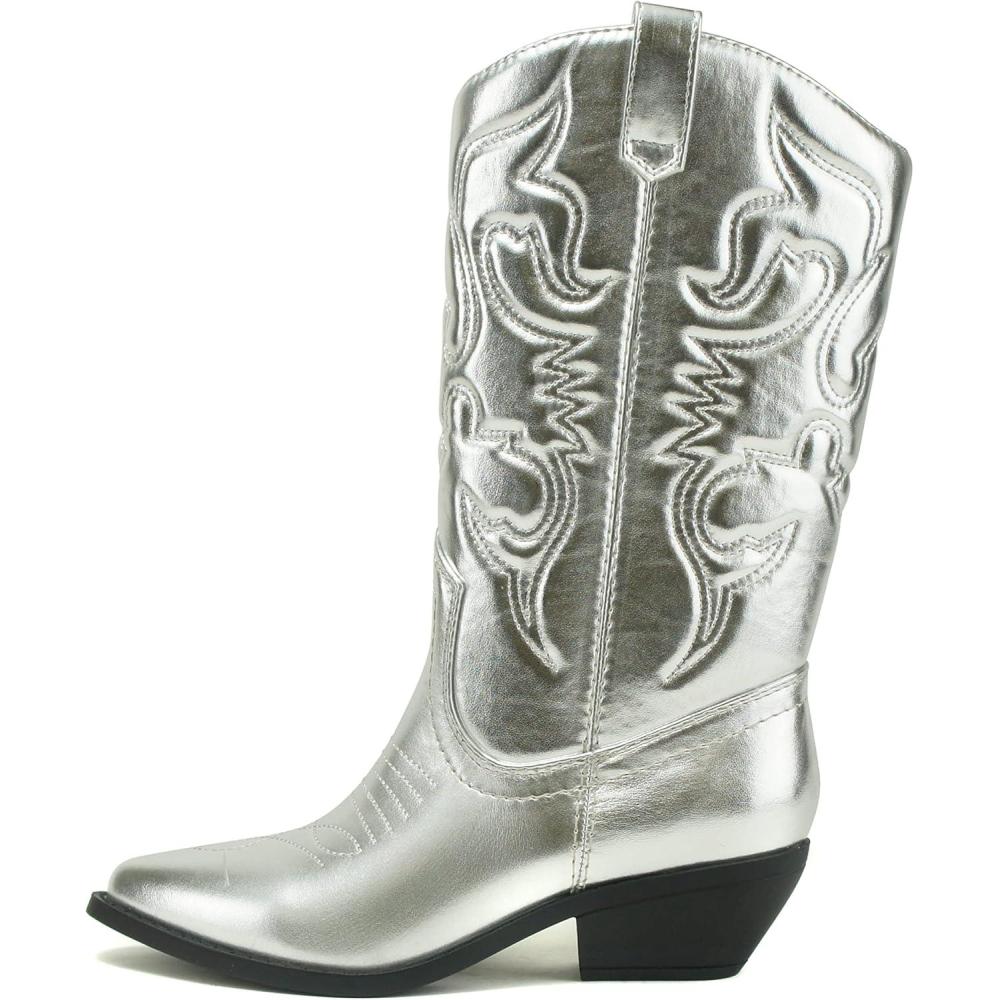 image:imageSoda RENO  Women Western Cowboy Stitched Pointe Toe Low Heel Ankle Mid Shaft Fashion BootsSilver Metallic Pu