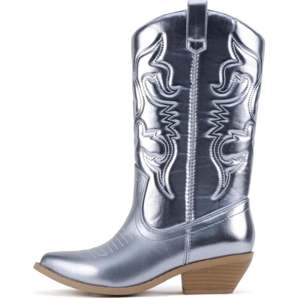 image:imageSoda RENO  Women Western Cowboy Stitched Pointe Toe Low Heel Ankle Mid Shaft Fashion BootsSky Blue Metallic