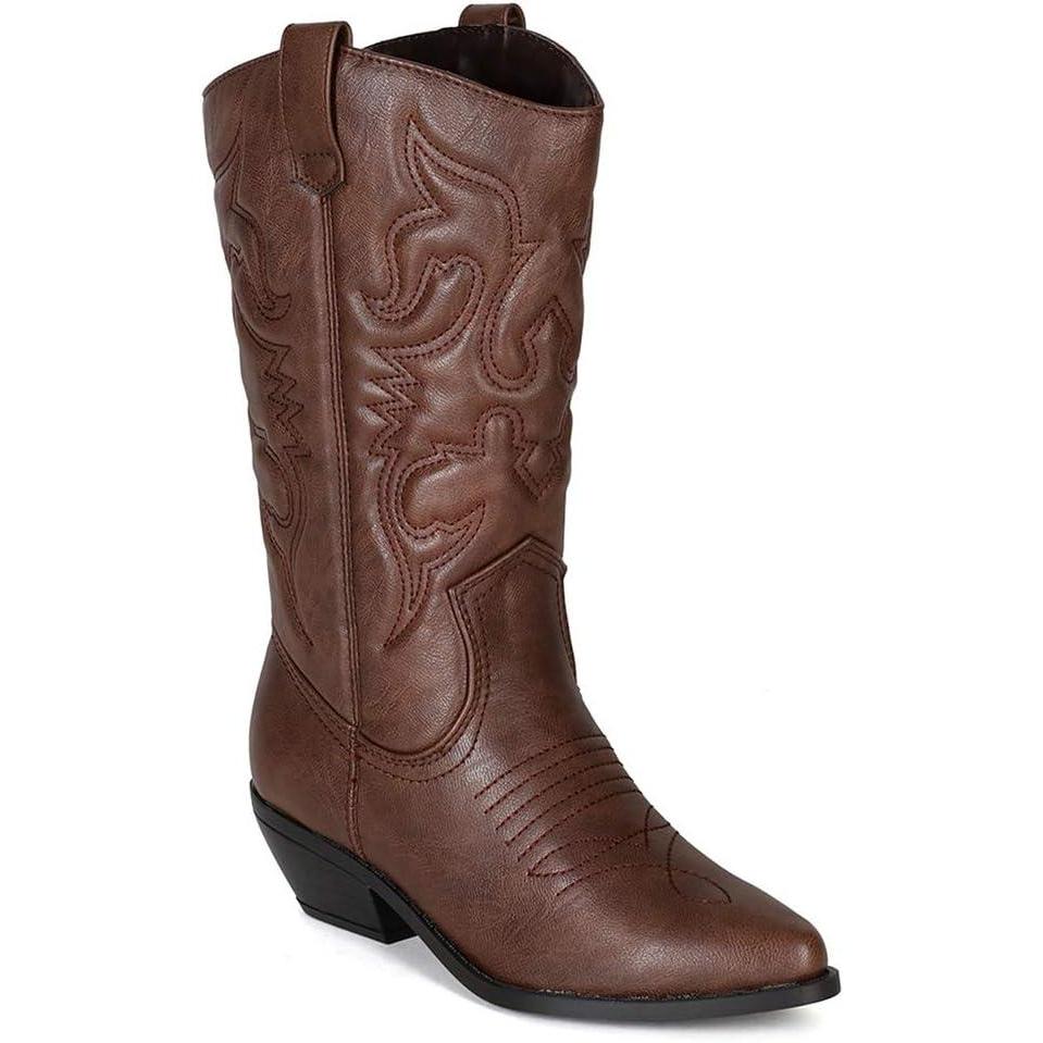 image:imageSoda RENO Women Western Cowboy Stitched Pointe Toe Low Heel Ankle Mid Shaft Fashion BootsTan