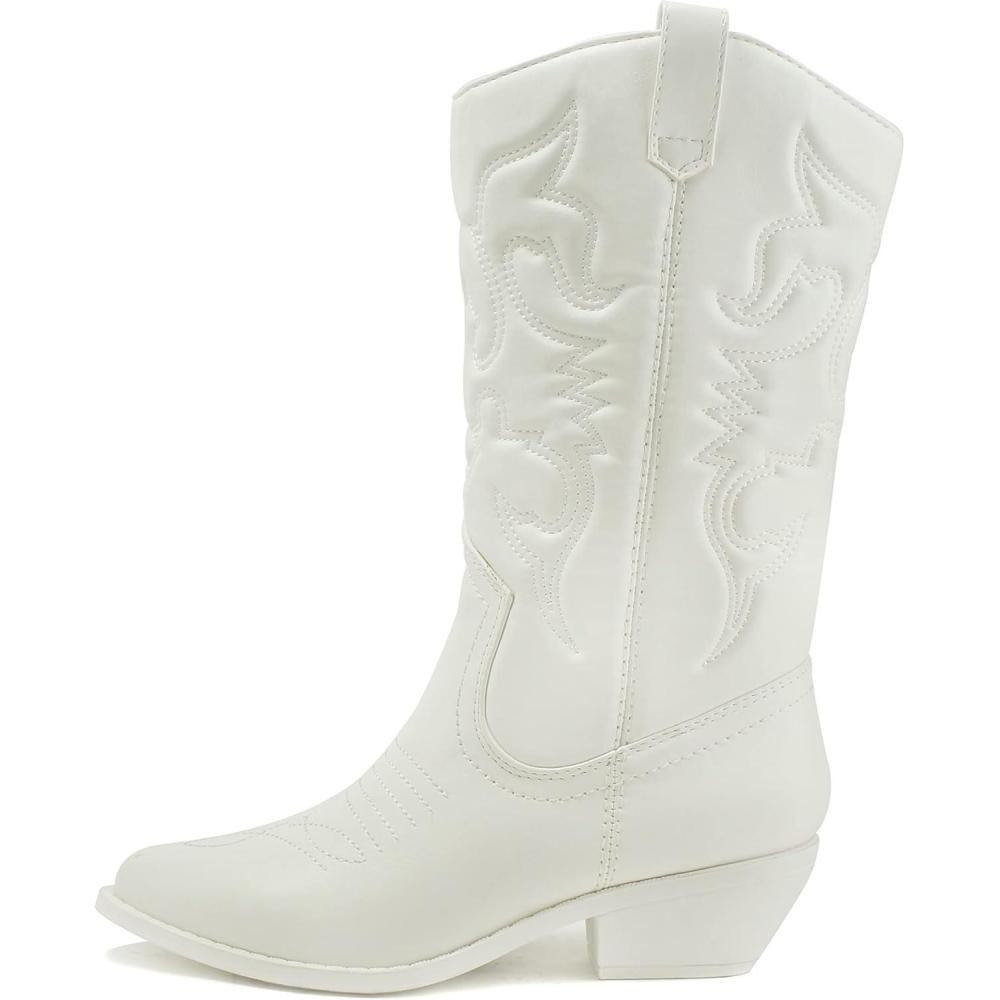 image:imageSoda RENO  Women Western Cowboy Stitched Pointe Toe Low Heel Ankle Mid Shaft Fashion BootsTriple White