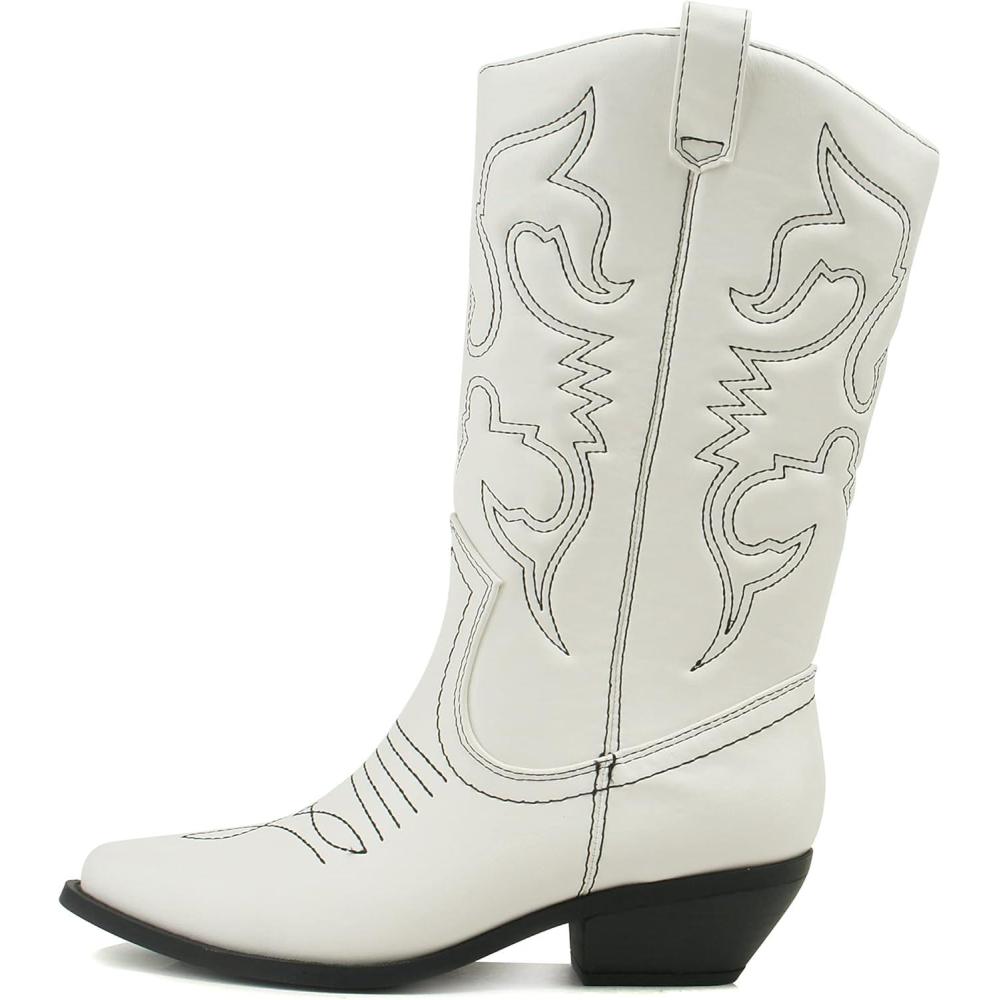 image:imageSoda RENO Women Western Cowboy Stitched Pointe Toe Low Heel Ankle Mid Shaft Fashion BootsWhite PuBk Stitch