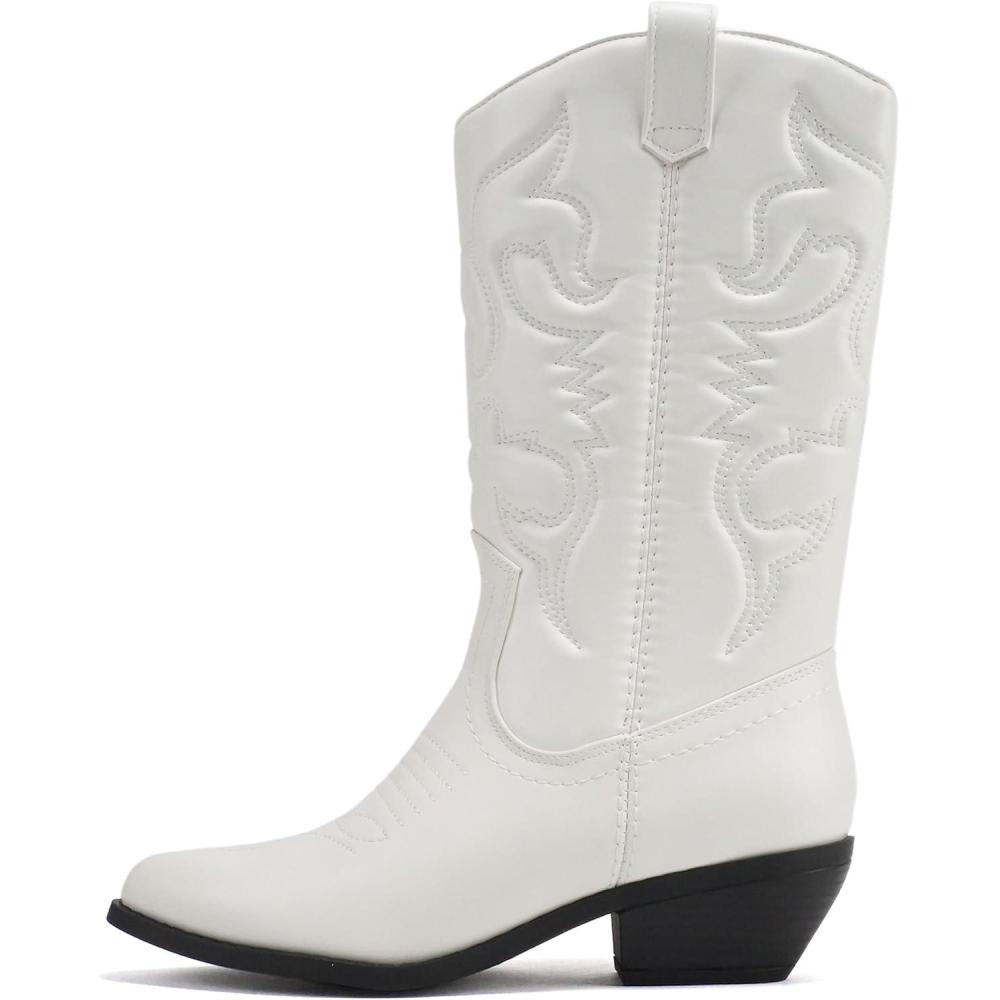 image:imageSoda RENO  Women Western Cowboy Stitched Pointe Toe Low Heel Ankle Mid Shaft Fashion BootsWhite PuBlack Heel