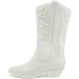Soda RENO ~ Women Western Cowboy Stitched Pointe Toe Low Heel Ankle Mid Shaft Fashion Boots(All White)